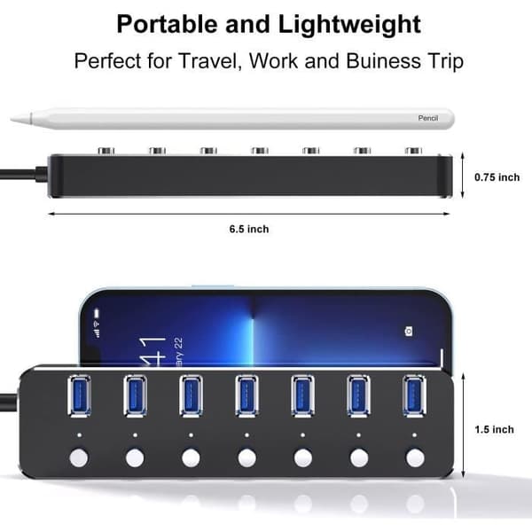 USB 3.0-hubb, 7-portars USB 3.0 splitter med lång kabel på 1,2 m, med strömbrytare - Strömadapter ingår
