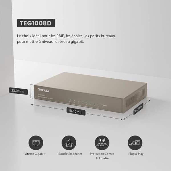 TENDA TEG1008D 8-portars Gigabit Ethernet-switch - Auto-negotiation - 4KV motblixt