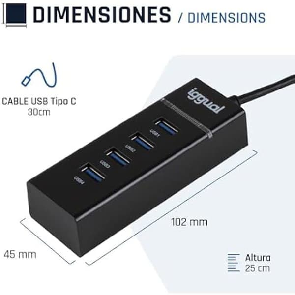 USB-hubb - IGGUAL - 4 USB 3.0-portar - Hastighet 5 Gbit/s - Färg Svart - Typ USB-A