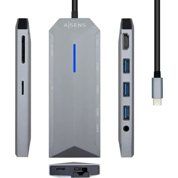 Dock USB-C 9 i 1 - AISENS - ASUC-9P001-GR - Aluminium - 100W PD - 4K HDMI