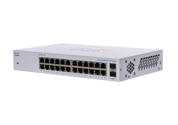 Cisco Business 110 Series 110-24T - Switch - ikke-styrt - 24 x 10/100/1000 + 2 x kombo-Gigabit SFP - rackmonterbar, stasjonær, veggmonterbar - gjenfa