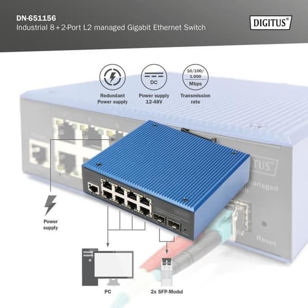 Nätverksswitch - DIGITUS - DN-651156 - 10 Gigabit-portar - 8x RJ45 + 2x SFP - IP40