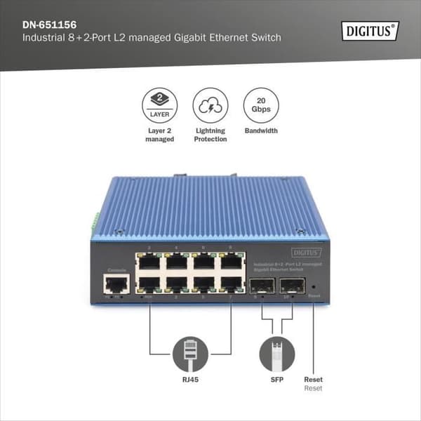 Nätverksswitch - DIGITUS - DN-651156 - 10 Gigabit-portar - 8x RJ45 + 2x SFP - IP40