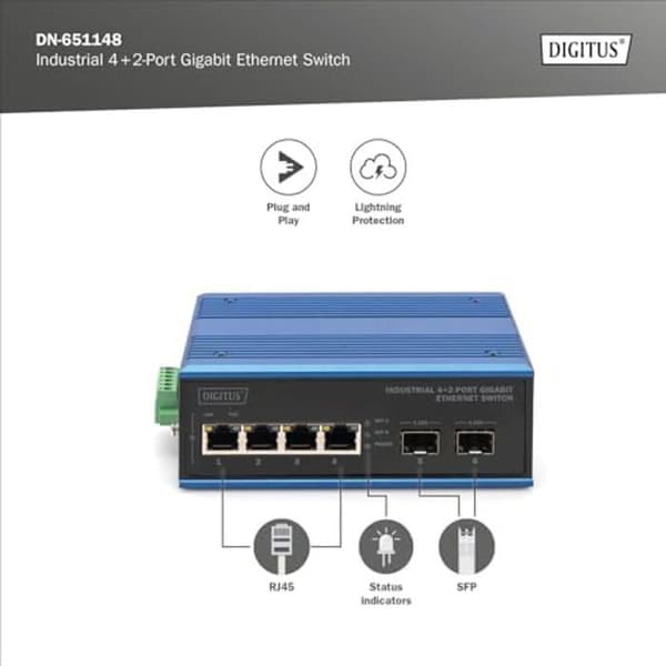 Nätverksswitch - DIGITUS - 6 Gigabit Ethernet-portar - 4x RJ45 - 2x SFP - IP40
