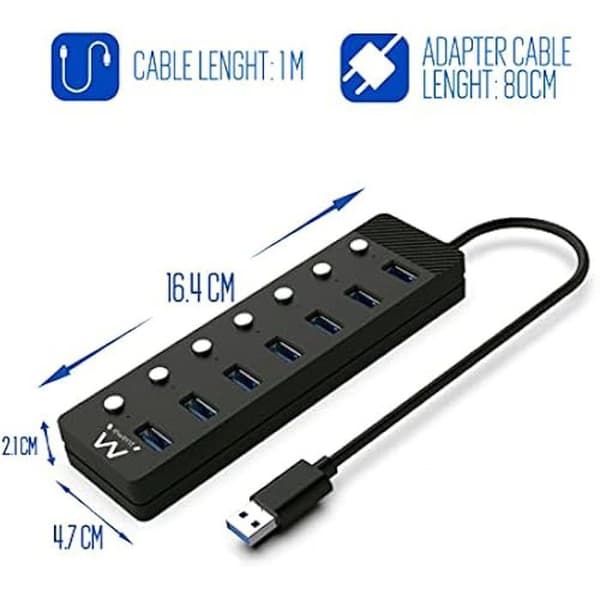 Ewent EW1147 USB-hubb - 7 portar - oberoende switchar - strömadapter - Svart