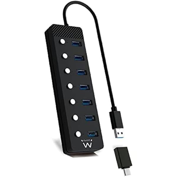 Ewent EW1147 USB-hubb - 7 portar - oberoende switchar - strömadapter - Svart