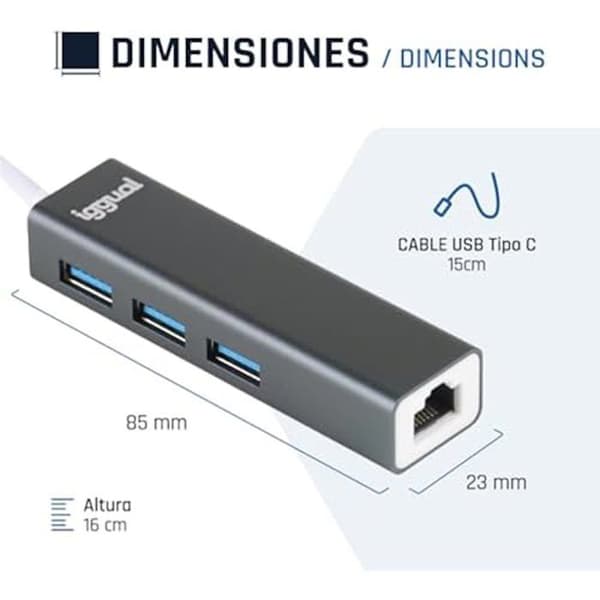 USB-hubb - IGGUAL - 3 USB 3.0-portar + 1 Gigabit RJ45-port - 5 Gbit/s - 1000 Mbps - 4 portar
