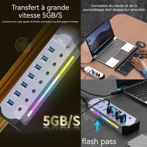 INN Dockningsstation 7 i 1 Multi-Device Multi-Interface Hub med oberoende switch Färgglada RGB-ljuseffekter USB 3