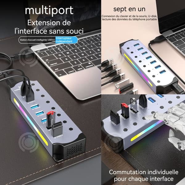INN Dockningsstation 7 i 1 Multi-Device Multi-Interface Hub med oberoende switch Färgglada RGB-ljuseffekter USB 3
