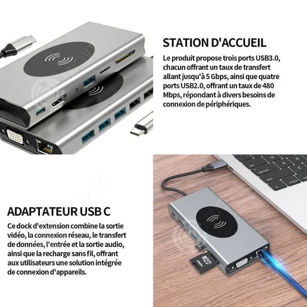 INN Dockningsstation 15 i 1 typc+hdmi+yga+pd+rt45+us3.0x3+usb2.0x4+sd+if+3.5 audio+trådlös laddning nätverksport 1000m rt45 grå