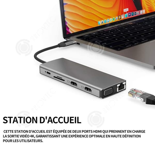 INN USB C Hub Dockningsstation 12 i 1-adapter med Dual 4K-HDMI VGA USB 3.0 USB 2.0 PD Ethernet RJ45-port SD/TF-kortläsning