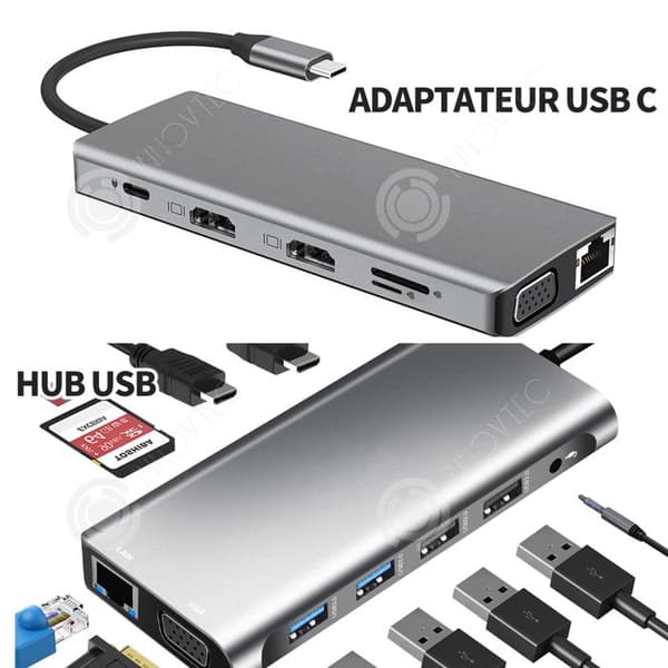 INN USB C Hub Dockningsstation 12 i 1-adapter med Dual 4K-HDMI VGA USB 3.0 USB 2.0 PD Ethernet RJ45-port SD/TF-kortläsning