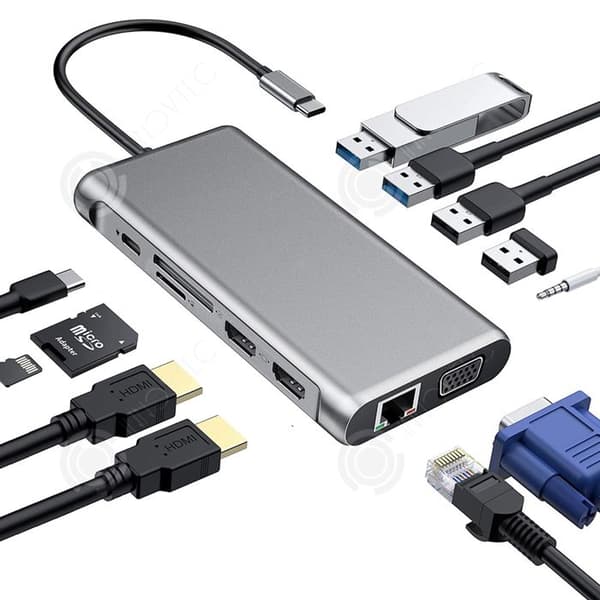 INN USB C Hub Dockningsstation 12 i 1-adapter med Dual 4K-HDMI VGA USB 3.0 USB 2.0 PD Ethernet RJ45-port SD/TF-kortläsning