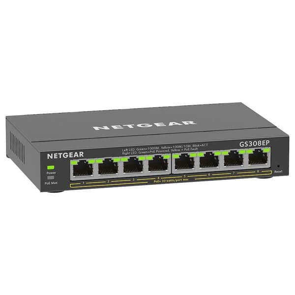 Switch Ethernet PoE 8 portar - NETGEAR - GS308EP - Smart hanterbar - Tyst - 62 W Svart