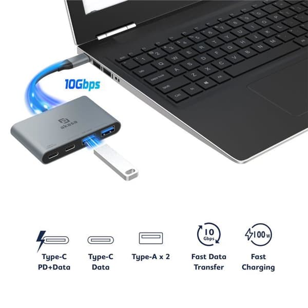USB-hubb - AKASA - Aluminium 4 i 1 - 10 Gbps - 4 portar - Kompatibel med Mac/Windows/Linux
