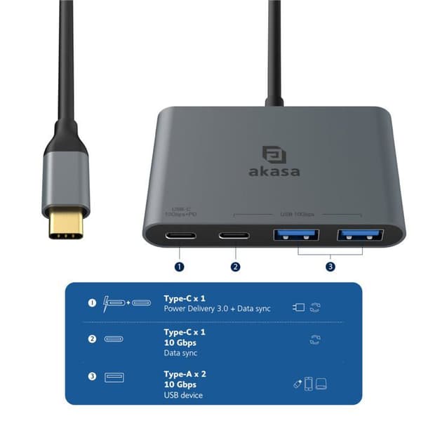 USB-hubb - AKASA - Aluminium 4 i 1 - 10 Gbps - 4 portar - Kompatibel med Mac/Windows/Linux