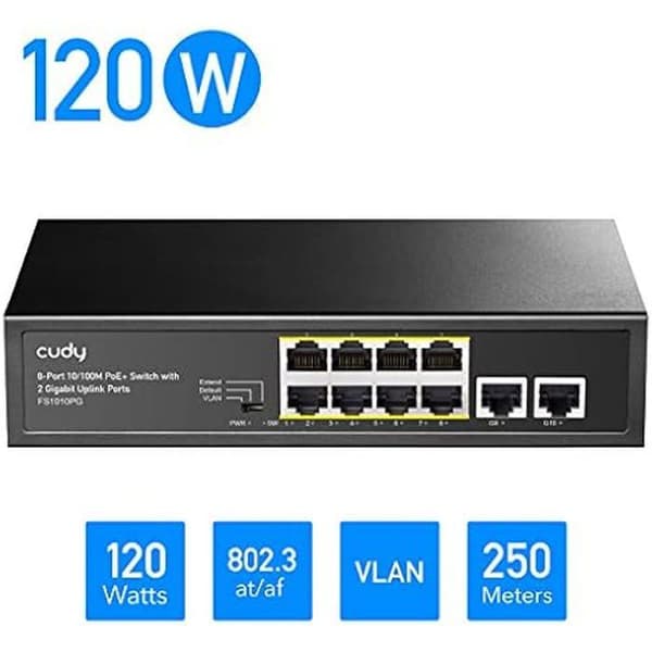 PoE+ Switch - CUDY - FS1010PG - 8 10/100 Mbps portar - 2 Gigabit upplänksportar - 120W