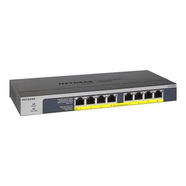 NETGEAR GS108LP 8-portars Ethernet-switch - 2 lager stöds - Twisted Pair - Väggfäste, stationär, rackmonterbar Svart, Grå