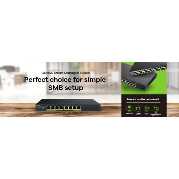 Gigabit Ethernet hanterad nätverksswitch ZYXEL GS1900-8 - 8 portar RJ-45 - QoS, flödeskontroll, säkerhet 802.1x