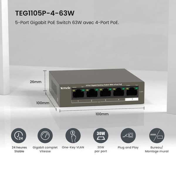 Tenda PoE Switch 5 Ports Gigabit, PoE Switch med 4 PoE Portar 63W, Plug and Play, One-Key VLAN, 6KV överspänningsskydd, Matning för