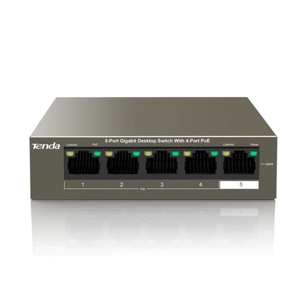 Tenda PoE Switch 5 Ports Gigabit, PoE Switch med 4 PoE Portar 63W, Plug and Play, One-Key VLAN, 6KV överspänningsskydd, Matning för