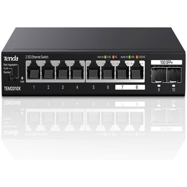 Switch Ethernet 2,5G - Tenda - TEM2010X - 8 portar RJ45 - 2 portar SFP+ 10G - VLAN, Statisk Aggregation