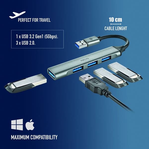USB-hub - NGS - IHUB4 MICRO - 4 portar - USB 3.2 Gen1 - Kompakt - Aluminium