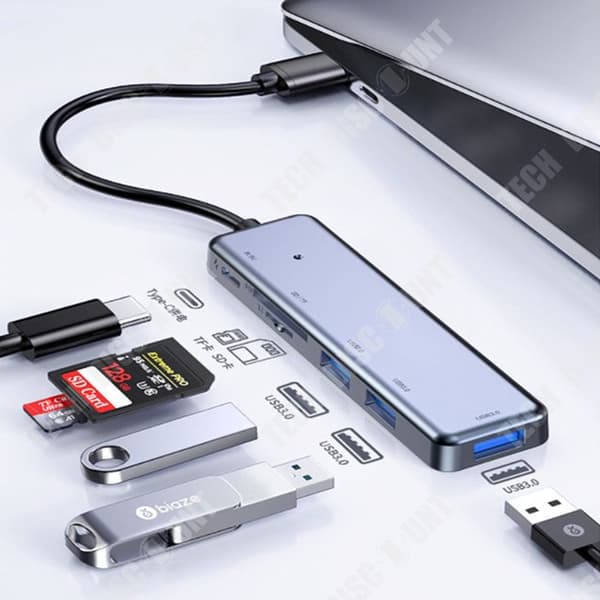 TD® Hub USB3.0 ultratunn 6-ports datahub med 30 cm förlängningskabel lämplig för bärbara datorer med USB-flashminne