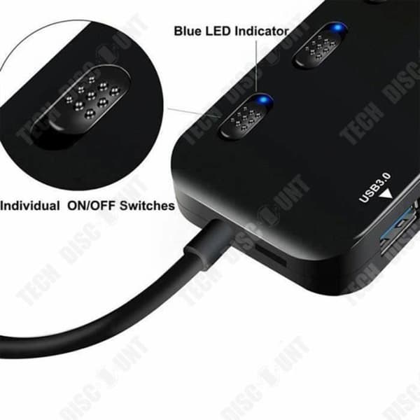 TD® USB 3.0 Power Strip Hub, Ultra Slim 4 Port Multiple USB Hub med individuella strömbrytare LEDs