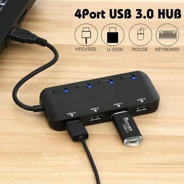 USB 3.0 Hub Power Strip - MÄRKE - Multi 4 portar - Svart - Integrerat överspänningsskydd