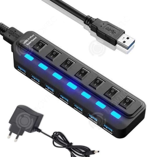 TD® USB-strömförsörjning 7-portars USB3.0 HUB Splitter Ultrasnabb med Switch Black USB 3.0 x 7PORT-gränssnitt ansluten till Hub