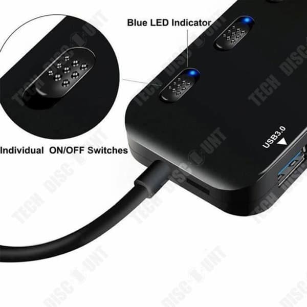 TD® USB 3.0 Hub Power Strip, 4 USB-portar Ultratunn adapter med individuella LED-lampor för strömbrytare