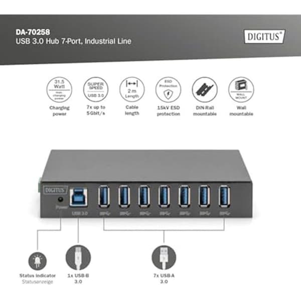 Industriell USB-hubb - DIGITUS - 7 portar - USB 3.0 - 15 KV ESD-skydd - DIN-skenamontering