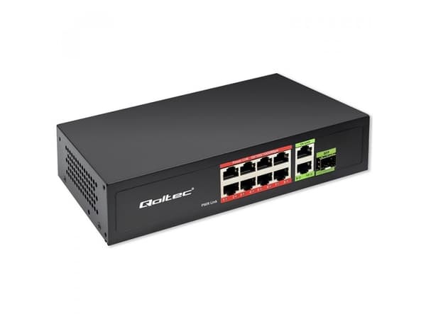 Qoltec SWITCH FAST Ethernet PoE Network Switch 8x RJ45 PoE 2x RJ45 Uplink 1x SFP | 120W | 1000 MB
