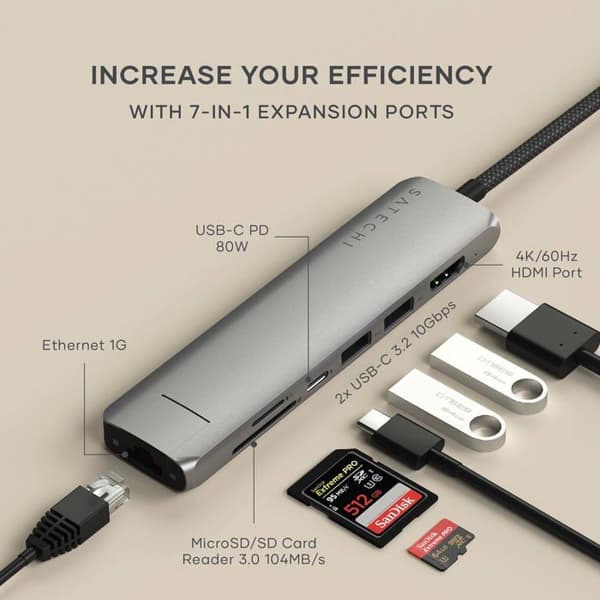 Satechi Slim Multiport 7-i-1 USB-C-hubb med Ethernet 1Gbit Power Delivery 100W Grå