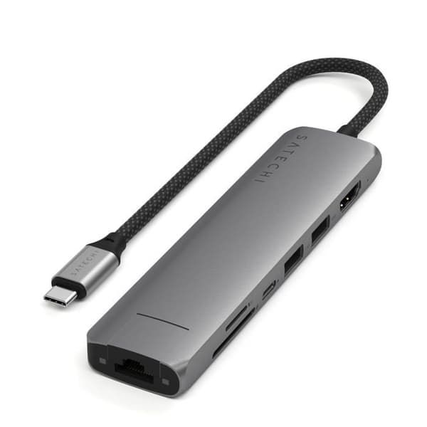 Satechi Slim Multiport 7-i-1 USB-C-hubb med Ethernet 1Gbit Power Delivery 100W Grå