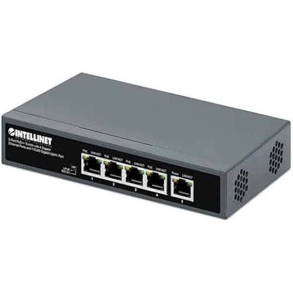 PoE++ switch 5 portar - INTELLINET - 4 portar PoE - 1 RJ45 uplink port - 10 Gbit/s - Tyst