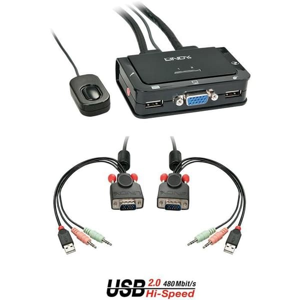 KVM Switch - Kompakt - 2 Portar - USB 2.0 - VGA - Ljud Svart