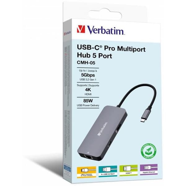 Verbatim USB-C Multiport Adapter - Pro CMH-05 - HDMI, RJ45, USB-A, USB-C PD - Snabbladdning upp till 85 W