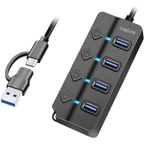 USB 3.2 Gen1 Hub - LOGILINK - UA0419 - 4 portar - Strömbrytare - Överbelastningsskydd