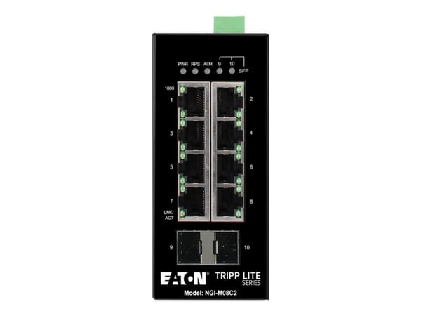 Eaton Tripp Lite series 8-Port Managed Industrial Gigabit Ethernet Switch - 10/100/1000 Mbps, 2 GbE SFP Slots, -40° to 75°C, DIN Mount - Switch - Adm