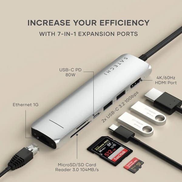 USB-C Multiport Hub 7-i-1 - Satechi - Silver - Ethernet 1Gbit - Power Delivery 100W - HDMI 4K 60Hz