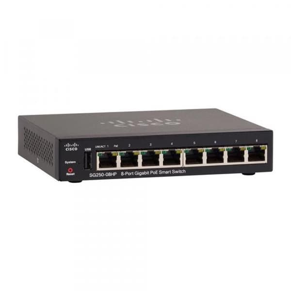 Cisco SG250-08HP, Managed, L2-L3, Gigabit Ethernet (10-100-1000), Ethernet-anslutning, stöder ström över denna port (PoE)- USED Svart
