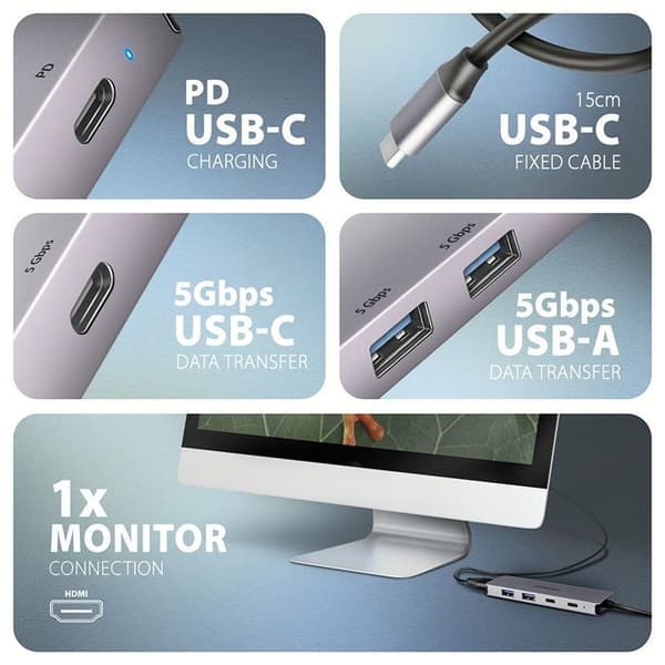 AXAGON HMC-5H60 Hub 5 i 1, USB-C 5Gbps, 2x USB-A, 1x USB-C, HDMI 4k/60Hz, PD 100W, USB-C-kabel 15cm