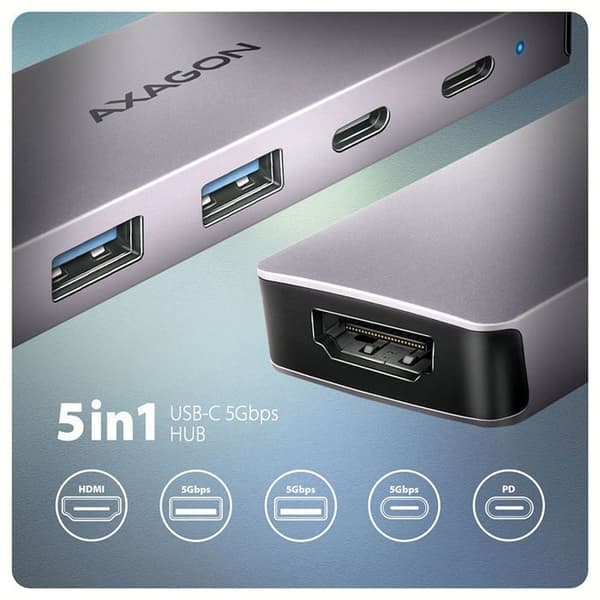 AXAGON HMC-5H60 Hub 5 i 1, USB-C 5Gbps, 2x USB-A, 1x USB-C, HDMI 4k/60Hz, PD 100W, USB-C-kabel 15cm