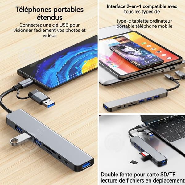 INN USB 3.0 värdstation + USB-C 8-i-1 multifunktionell HUB Gränssnitt SD TF läsningsfunktion 3,5 mm ljuduttag USB-adapter