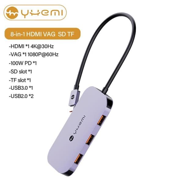 Xiaomi YHEMI MC808 HUB 8 i 1 Type-C HUB, USB3.0/USB2.0*2/TF/SD/100W PD/VAG 1080P/HDMI 4K för MacBook Air MateBook13/13s/14/14s/16