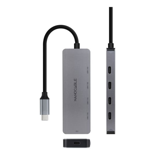 USB-C Hub - NANO KABEL - 4 USB-C honportar - USB-C PD 100W - Aluminium 10 cm - Grå