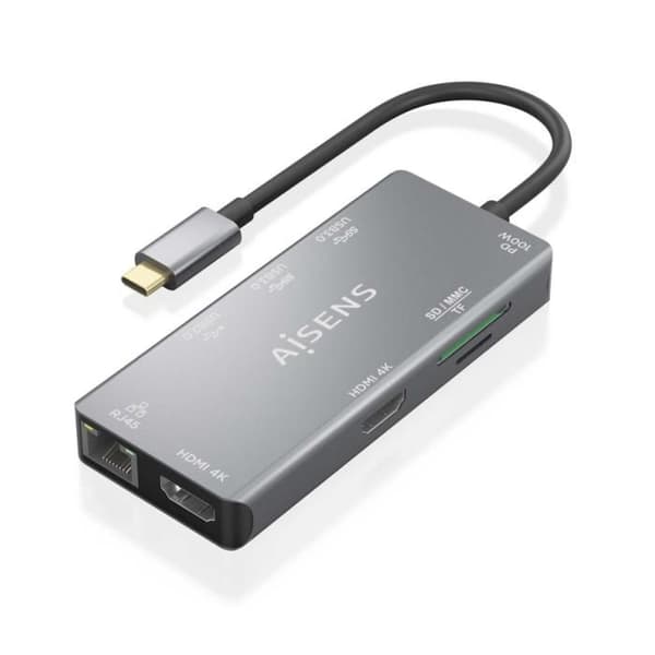 HUB AISENS USB-C DOK 9 I 1 USB-C 2XHDMI RJ45 2XUSB-A 3.0 USB-A 2.0 PD
