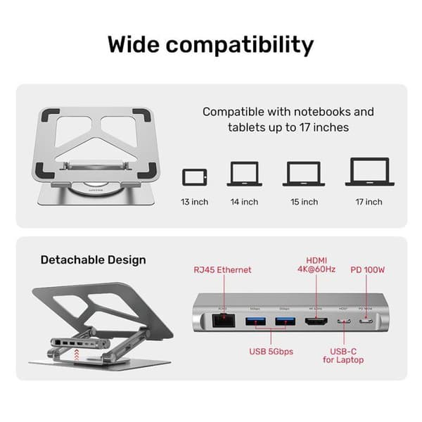 UNITEK Hub USB 3.1 typ C 2 portar USB 3.0 - RJ45 - HDMI 4K - PD 100W med stöd för bärbar dator